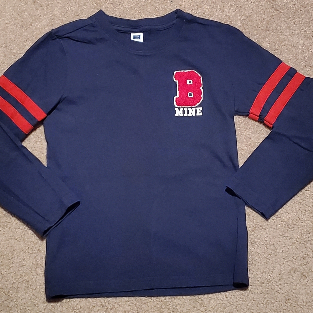 Janie And Jack Navy Blue Long Sleeve Tee with Red Stripes and B Mine Logo